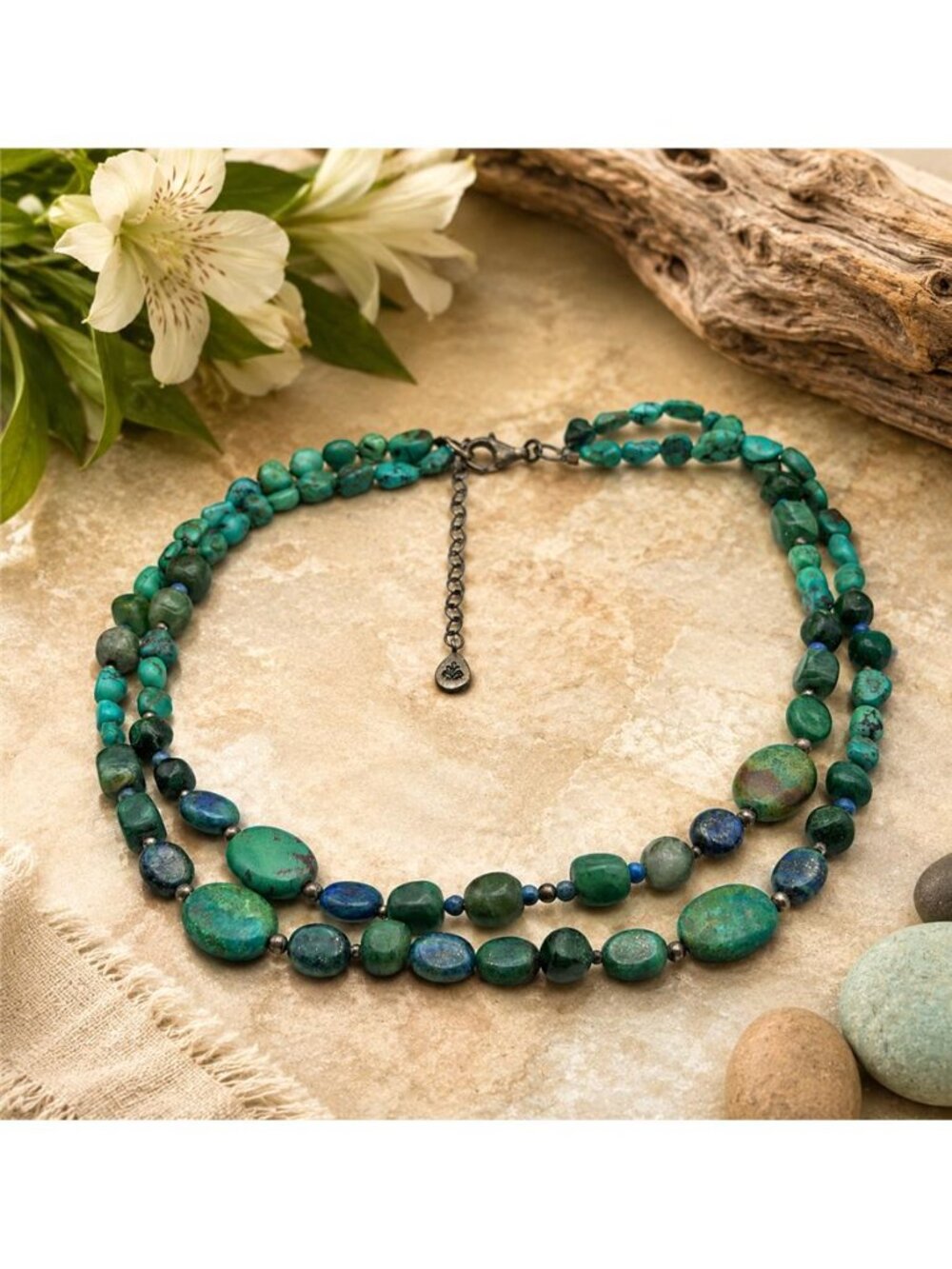 Barse 925 Sterling Silver Turquoise Lapis Double Strand Beaded Necklace 18"